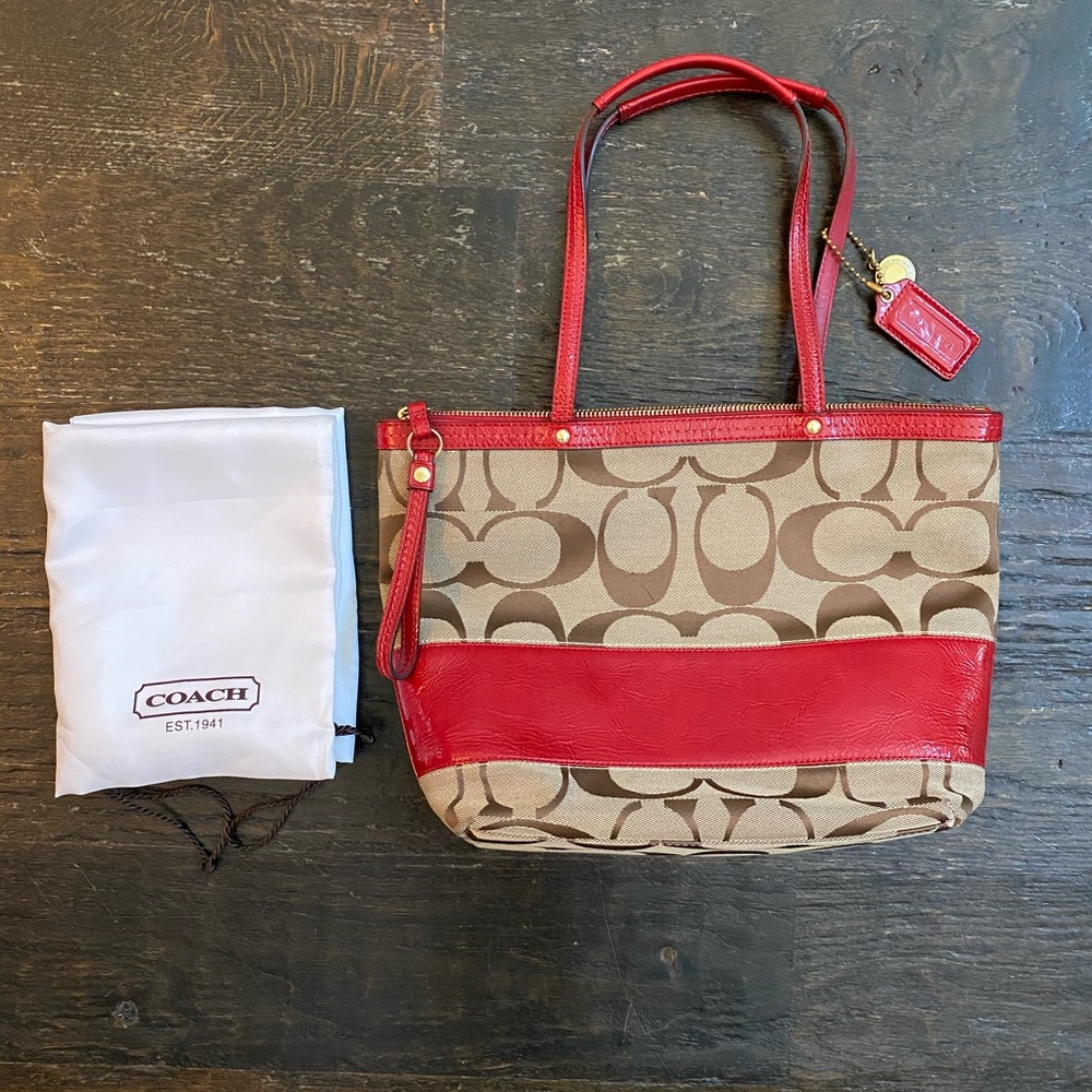 COACH Signature Red Stripe Patent Leather Tote
